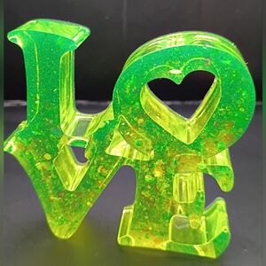 LOVE Sculpture Neon Green Glitter - Fluorescent Pop Art Home Decor